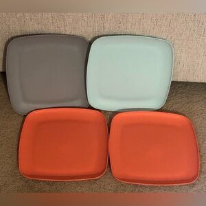 Set of Four Square Plastic Plates in Gray, Aqua, and Orange